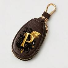 Litchi Pattern Key Bag -Black Gold Letters A-Z Car Key Protection Cover,PU Key Storage Clip,Zipper Bag,Car Key Storage Device,Car Keychain,Unisex Gift - Multicolor - View 42