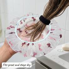 [High Quality Thickened Extra Large Shower Cap]2pcs Set: Adjustable Printed Thickened Extra Large Reusable Shower Cap With Elastic Band; Suitable For Women, Spa Centers And Beauty Salons. Hair Cap. Hair Accessory - Multicolor - View 7