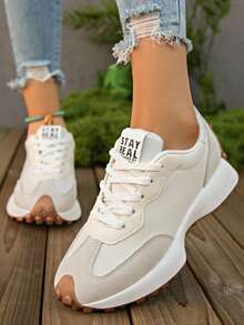 SOCTU Sepatu Olahraga Lari Kasual Nyaman untuk Wanita, Ujung Bulat, Desain Blok Warna, Bertali, Sol Tebal, Gaya Pelajar, Menambah Tinggi Badan - Putih - View 3