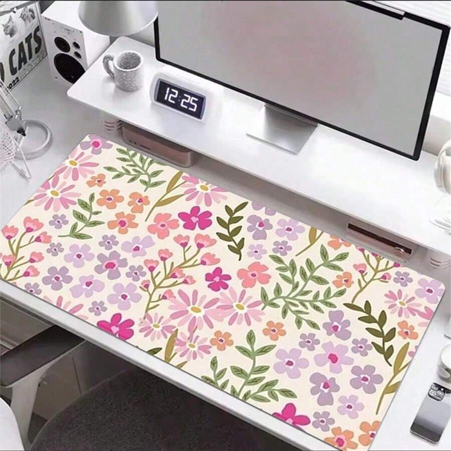 Cute Floral Pattern Leather Gaming Mouse Pad Large Desk Mat Non-Slip Leather Material, Perfect For Office And Home Use, Ideal Gift For Boyfriend/Girlfriend, 35.4X15.7 Inches Desk Mat And Mouse Pad Set Large Mouse Pads For Desk Back To School - View 1