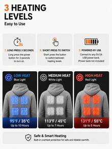 1 Pack Men Women Black Grey Dual Color Heated Sweatshirt 10 Heating Zones Loose Fit All Weather Cold Resistant Heating Fleece Lined Hoodie - Light Grey - View 2