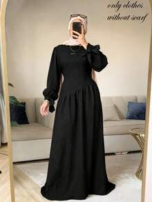 四季女款純色長洋裝，立領不對稱拼接抓皺喇叭裙，附腰帶，休閒修身黑色秋季洋裝 - 黑色 - 查看 1