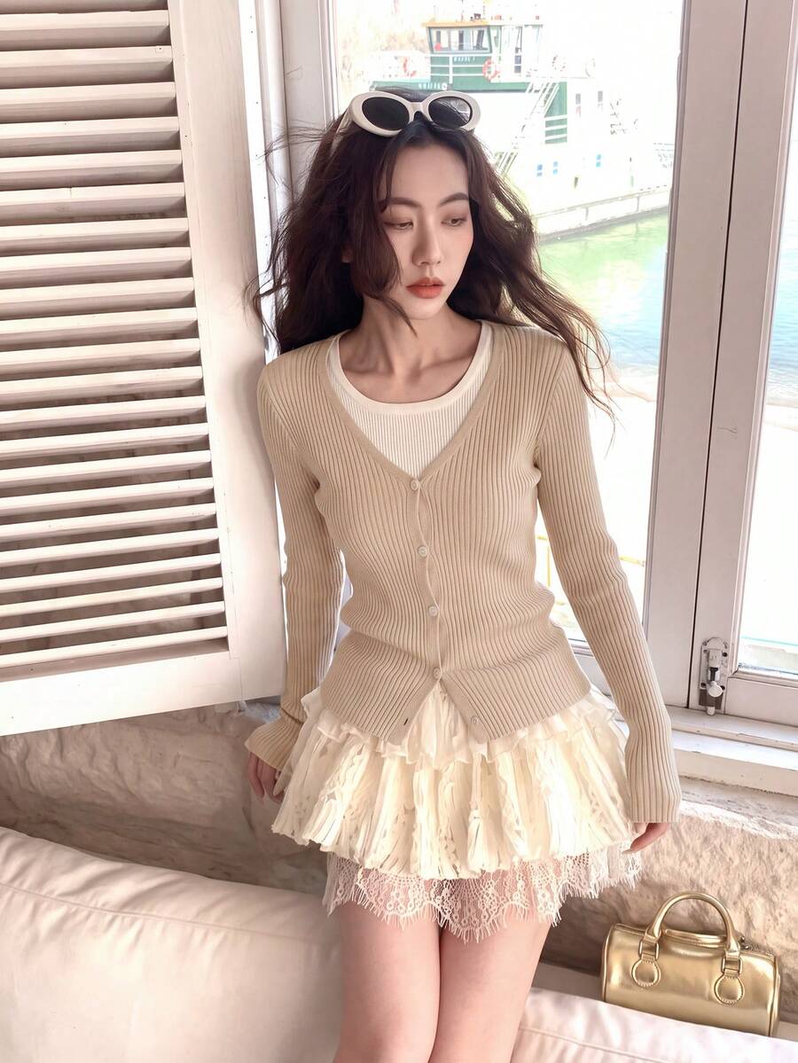 女款優雅杏色 2 合 1 圓領套頭毛衣,適合通勤、約會、度假、日常穿著及街頭購物,秋冬穿搭 - 杏色 - 查看 1