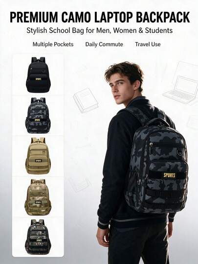 1pc Camouflage Large Capacity Backpack, Multi-Compartment Laptop Bag, Unisex Student School Bag, Outdoor Commute Travel Backpack, Multiple Colors Available