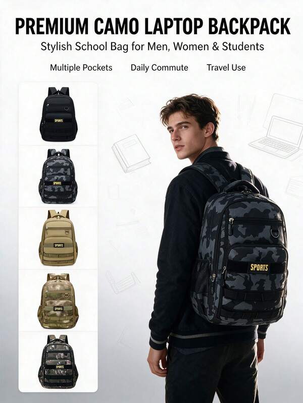 1pc Camouflage Large Capacity Backpack, Multi-Compartment Laptop Bag, Unisex Student School Bag, Outdoor Commute Travel Backpack, Multiple Colors Available