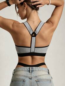 Runway Rest 1pc Women's Solid Color Comfortable Racerback Sports Bra - Grey - View 2