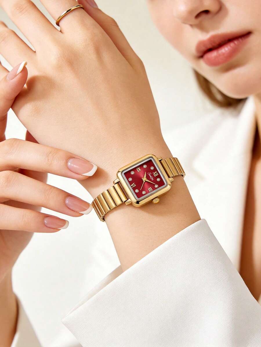 1pc Women's Square Vintage Beaded Quartz Watch, Gold Alloy Case And Band, Red Dial, Elegant Watch, Suitable For Daily Wear And Gifting - Red - View 1