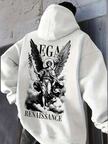 Plus Size Men's Vintage Casual Renaissance Angel Print Hoodie, Autumn/Winter - White - View 1