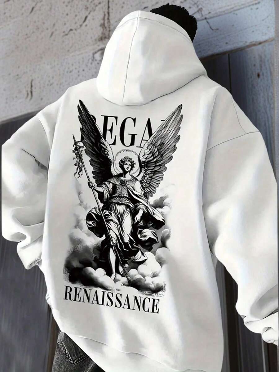 Plus Size Men's Vintage Casual Renaissance Angel Print Hoodie, Autumn/Winter - White - View 1