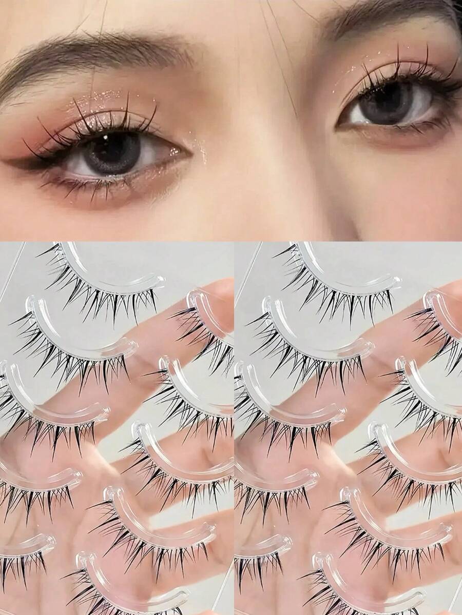 5 Pairs Thai-Style False Eyelashes, Korean Style, C Curl, 6-12mm Mixed Length, Long & Intertwined Design, Create 3D Voluminous & Natural Enlarged Eye Effect, Soft & Lightweight, Comfortable Fit, Easy DIY Application, Save Makeup Time, Simple Operation For Beginners, Reusable, Suitable For Daily, Date, Travel & Party Looks, Ideal Holiday Gift For Best Friend Or Girlfriend
