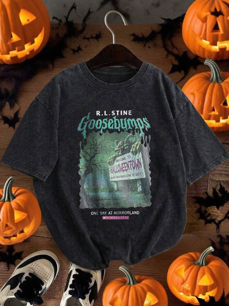 Plus Size Women's Horror Park Halloween Print Crew Neck Short Sleeve Casual T-Shirt, Spring Summer Autumn Everyday Top - Black - View 1