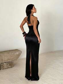 1 Solid Color Elegant Knit Fabric Dress For Wedding Summer - Black - View 4