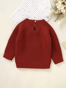 Sweater Rajut Leher Bulat untuk Bayi dan Balita, Atasan dengan Bordir Huruf dan Bunga, Warna Burgundy Vintage, Lengan Raglan, Kancing Belakang, Sweater Bayi Musim Semi dan Gugur - Burgundy - View 4