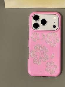Ins Style Silver Rhinestone Hibiscus Flower Phone Case Compatible With Apple 17 Pro Max, 17 New, 16 Pro Max, 15 Pro, 16 Pro, 15, 17 Pro, Full Coverage Protective Cover, Girly Elegant Minimalist Design - Multicolor - View 1