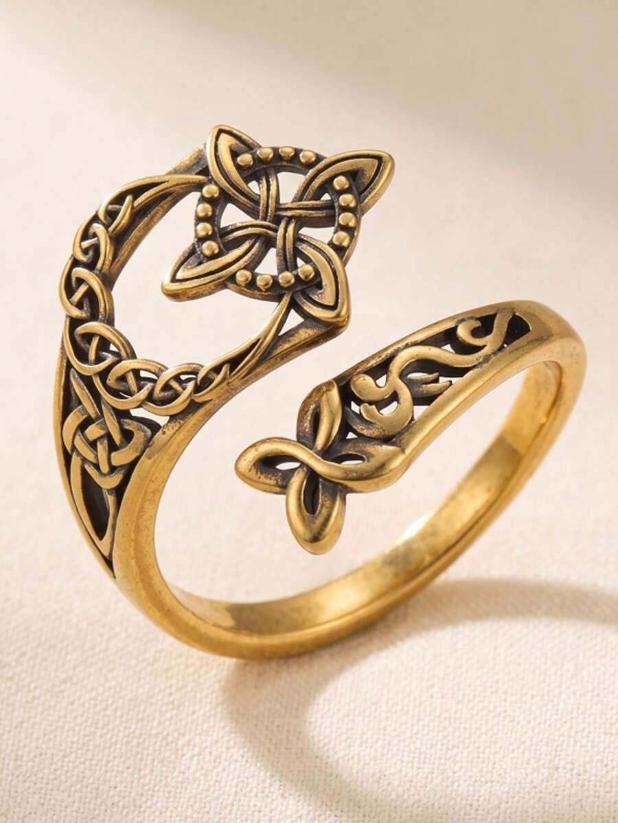 1pc Vintage Celtic Knot Ring For Women, Bohemian Witch Guardian Knot Eternal Symbol Ring, Adjustable Thumb Stacking Jewelry Gift - Antique Gold - View 1