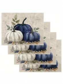 1pc/2pcs/4pcs Watercolor Hand-Painted Pumpkin Print Autumn Decorative Placemats, Simple Farmhouse Style Polyester Hard Fabric Table Mats, Machine Washable, Home Decor, Suitable For Family Gatherings, Parties, Holiday Decorations, Dining Table Decor, 32x42cm - Blue and White - View 9