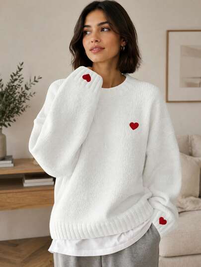 Women's Heart Embroidery Round Neck Knit Sweater, Soft Korean Style Loose Fit Autumn/Winter Daily Commute Casual Top White Fall