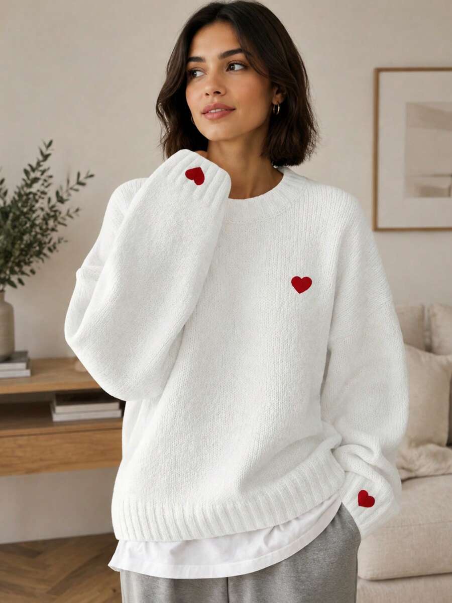 Women's Heart Embroidery Round Neck Knit Sweater, Soft Korean Style Loose Fit Autumn/Winter Daily Commute Casual Top White Fall - White - View 1