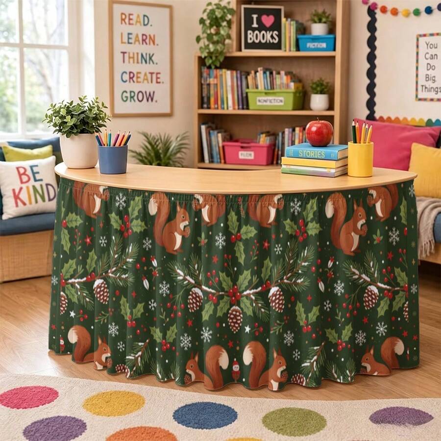 1pc Halloween & Christmas Themed Decorative Party Tablecloth, Rectangular Table Skirt, Cute Squirrel & Snowflake Forest Theme, With Winter Pine Cone, Red Berry & Evergreen Leaf Print, Perfect For Holiday Parties, Garden Afternoon Tea, Wedding Dessert Table - A - View 1