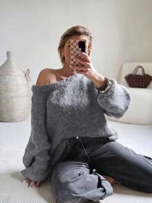 Women's Casual Grey Solid Color Long Sleeve Pullover Sweater, Rib-Knit Round Neck Drop Shoulder Sweater - Grey - View 5