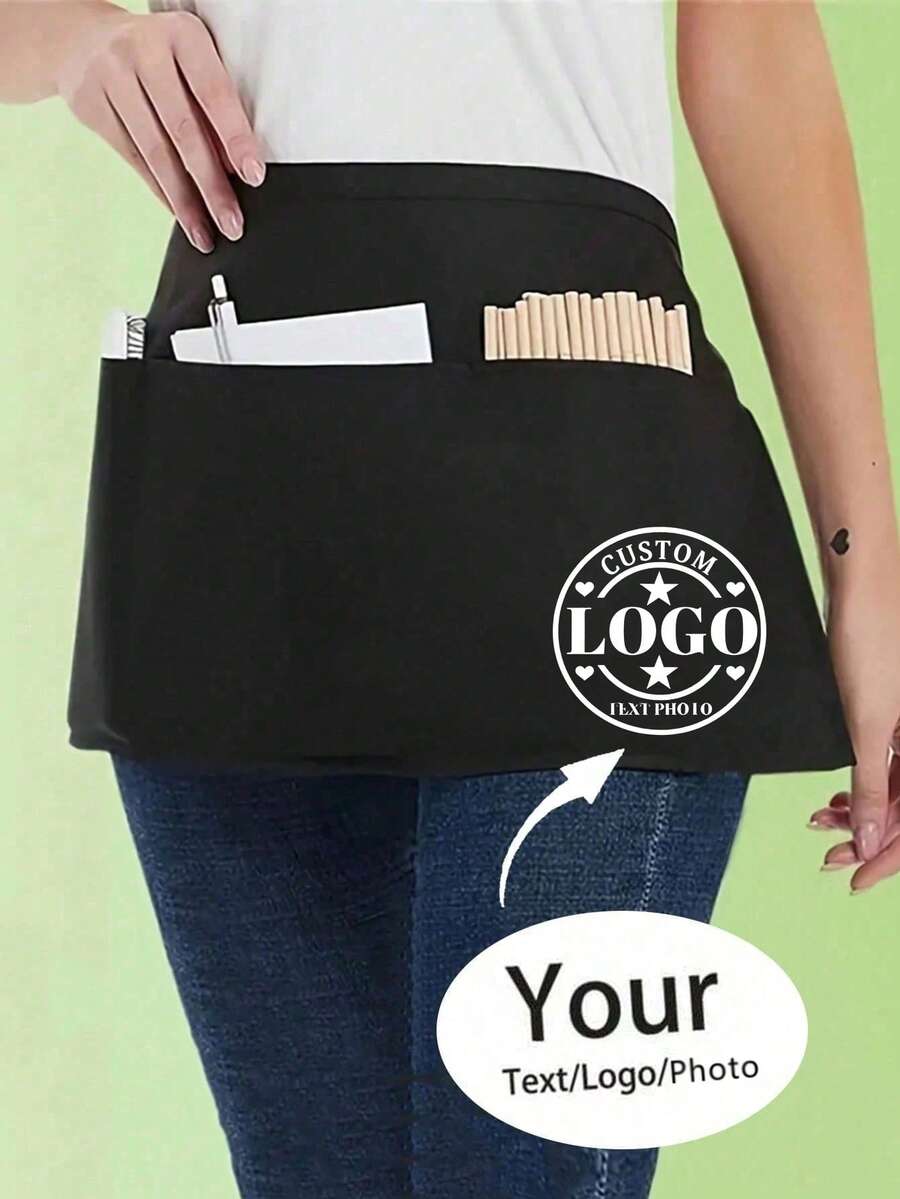 1pc Personalized Customized Neutral Polyester Apron, With 3 Pockets, Customizable Logo, Short Waist Server Uniform, Black Hairdresser Apron, Hairdresser/Beautician Beauty Gift Customization, Suitable For Kitchen, Baking And Chef Use