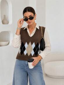 Women's Horizontal Striped Jacquard Knit Vest, V-Neck Sleeveless Sweater Fall - Coffee Brown - View 4