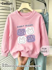 Tween Girl Crew Neck Sweatshirt, Rabbit Friends Cute Cartoon Bunny Graphic Print Cotton Pullover For Tween Girl - Pink - View 1
