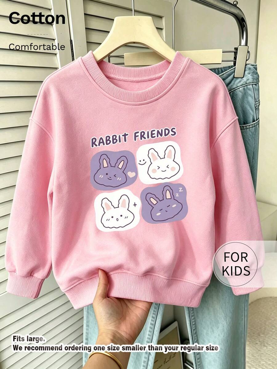 Tween Girl Crew Neck Sweatshirt, Rabbit Friends Cute Cartoon Bunny Graphic Print Cotton Pullover For Tween Girl - Pink - View 1