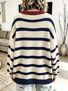 Plus Size Striped Heart Knit Cardigan, Long Sleeve Button Front Crew Neck Sweater Jacket, Casual Loose Fall Winter Women Knit Outerwear - Multicolor - View 2