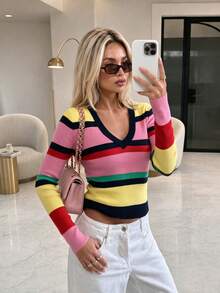 MORI Fall Winter Y2K Elegant Casual Rainbow Color Block Striped V Neck Ribbed Knit Pullover Sweater Tops Women Going Out Party Vacation Outfits - Multicolor - View 6