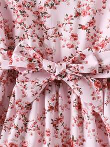 Young Girl Elegant Sweet Cute Gentle Lady Gift Minimalist Pretty Outdoor Street Comfortable Fashion Pink Vintage Exquisite Small Rose Floral Pattern Digital Print Round Neck Elastic Puff Cuff Long Sleeve Ruffle Hem A-Line Princess Dress Suitable For Spring And Autumn - Pink - View 9
