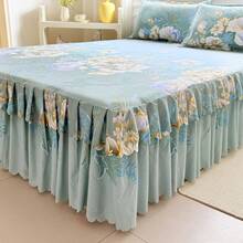 3pcs New Printed Ruffle Edge Christmas Green, Peony Flower, Soft Comfortable Breathable Bed Skirt Set (Bed Skirt*1, Pillowcase*2, Pillow Core Not Included) Bed Skirt Bed Cover Bed Sheet Mattress Protector Double Layer Ruffle Edge Decoration Cozy Room, Hot-Selling Style Machine Washable, Multiple Sizes Available, All Seasons Use, Holiday Gift, Made In China - Mint Green - View 5