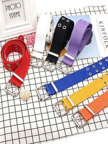1件時尚休閒牛仔褲，雙排鏤空鈕扣，帆布與皮革腰帶，百搭街頭風，適合學生、上班族、日常穿著，搖滾與嘻哈風格，彩虹7色，中性款 - 黑色 - 查看 3