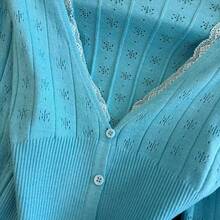 Blue Long Sleeve V-Neck Short Sweet Style Hollow Out Jacquard Knit Cardigan Women Top - Mint Blue - View 7