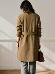 Minimalist Twill Straight Wool Coat Women Pocket Midi Work Travel Fall Winter Fashion - Brown - View 4