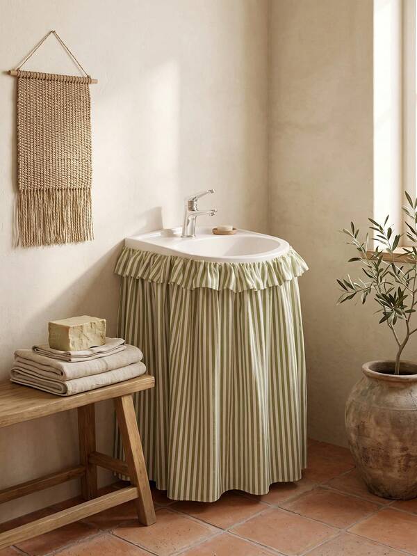 1/2 pièces jupe de lavabo à rayures vertes style ferme avec volants, rideau de meuble de salle de bain et de cuisine, jupe de lavabo à rayures brunes plissée courte, rideau de table de style campagnard pour la maison, la salle de classe et la buanderie, rideau d'intimité