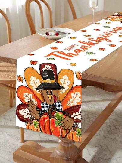 1pc Thanksgiving Table Runner, European Style 180*35cm Polyester Tablecloth With Turkey And Maple Leaf Design, Autumn Harvest Festival Decoration, Autumn Party Decoration, Happy Thanksgiving Party Decoration, Autumn Home Decor, Autumn Decoration, Indoor/Outdoor Party Decoration, Holiday Party Decoration, Kitchen Decor, Fireplace Decor, Dining Room Decor, Farmhouse Home Decor, Bridal Shower Supplies, Table Decoration