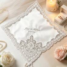個性化刺繡新娘手帕，客製化姓名手帕，個性化婚禮手帕，可客製姓名與婚禮日期，優雅蕾絲婚禮手帕，適合新娘，婚禮紀念禮盒，新娘與伴娘的高級禮物 - 彩色 - 查看 5