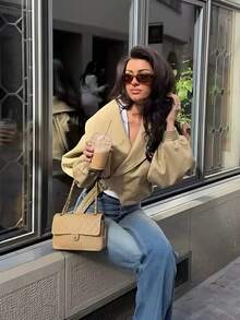 Women's Casual Solid Color Short Jacket, Fashionable Everyday Wear Short Coat - Khaki - View 5