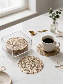 12pcs Gold Hollow PVC Drink Coasters, Washable Table Accessories, Non-Slip Tableware Mats, Breathable And Heat Dissipating, Lightweight And Easy To Store, Suitable For Restaurants, Cafes, Homestays, Perfect For Afternoon Tea, Holidays, Parties, Gatherings, Birthdays, Weddings, Dinner Parties - Multicolor - View 1