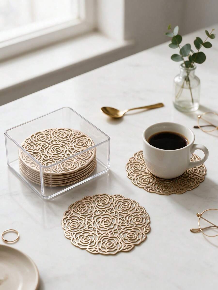 12pcs Gold Hollow PVC Drink Coasters, Washable Table Accessories, Non-Slip Tableware Mats, Breathable And Heat Dissipating, Lightweight And Easy To Store, Suitable For Restaurants, Cafes, Homestays, Perfect For Afternoon Tea, Holidays, Parties, Gatherings, Birthdays, Weddings, Dinner Parties - Multicolor - View 1