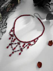 1pc Vintage Gothic Style Red Crystal Beaded Necklace, Multi-Layer Tassel Choker, Women's Daily Party Accessory - Burgundy - View 3