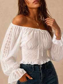 Women's Bohemian Style Cold Shoulder Lace Trim Blouse, Tie Front Cinched Waist Ruffle Long Sleeve Cropped Top, New White - White - View 2