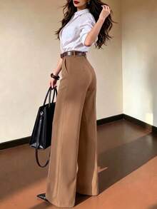 女款秋季優雅休閒高腰百褶寬腿西裝長褲，金色鈕扣細節、側邊口袋、寬鬆版型，適合早午餐、城市通勤、上班穿搭 - 卡其色 - 查看 6