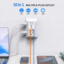 防湧浪插座擴展器 6 個 AC 插孔 4 個 USB 埠（含 2 個 USB-C）三面壁掛式電源接線板 多插孔分接器，適用居家、辦公室與旅行 - 白色 - 查看 2