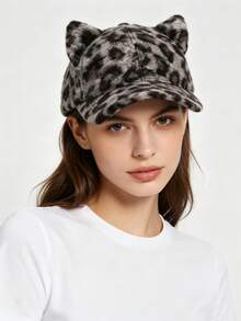 1pc Personalized Vintage Leopard Print 3D Cat Ear Plush Baseball Cap - Multicolor - View 1