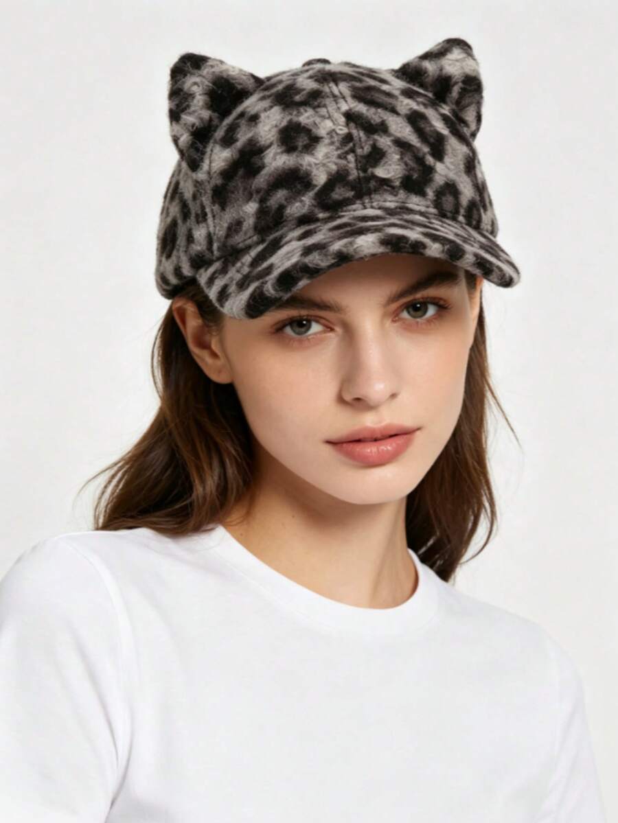 1pc Personalized Vintage Leopard Print 3D Cat Ear Plush Baseball Cap - Multicolor - View 1