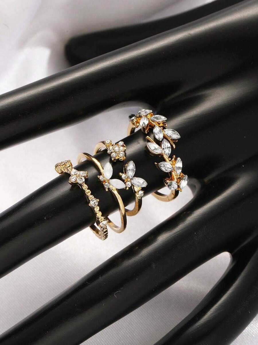 4pcs/Set Butterfly Open Leaf Elegant Stackable Knuckle Ring Set - Gold - View 1