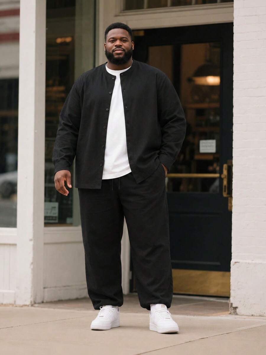 Men's Plus Size Outfit, Solid Color Long Sleeve Jacket And Pants Set, Casual Single-Breasted Cardigan Plus Size Men's Clothing - Black - View 1
