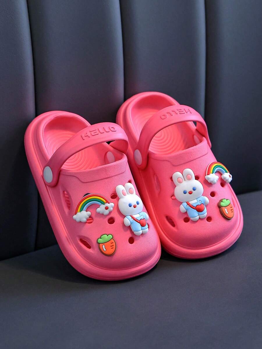 HAHABOBO Kids Rose Red Rainbow Rabbit Decor EVA Clogs, Adjustable Back Strap 2-Way Wear Summer Beach Garden Sandals - Hot Pink - View 1
